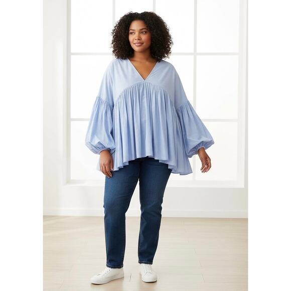 Asos edition curve Tops - ASOS EDITION Curve cotton poplin V-neck oversized volume sleeve pastel blue sz20